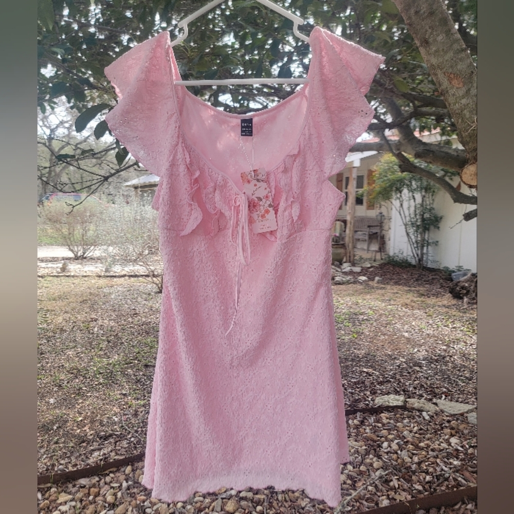 Shein Mod Pink Eyelet Ruffle Sleeve Dress Sz Lg